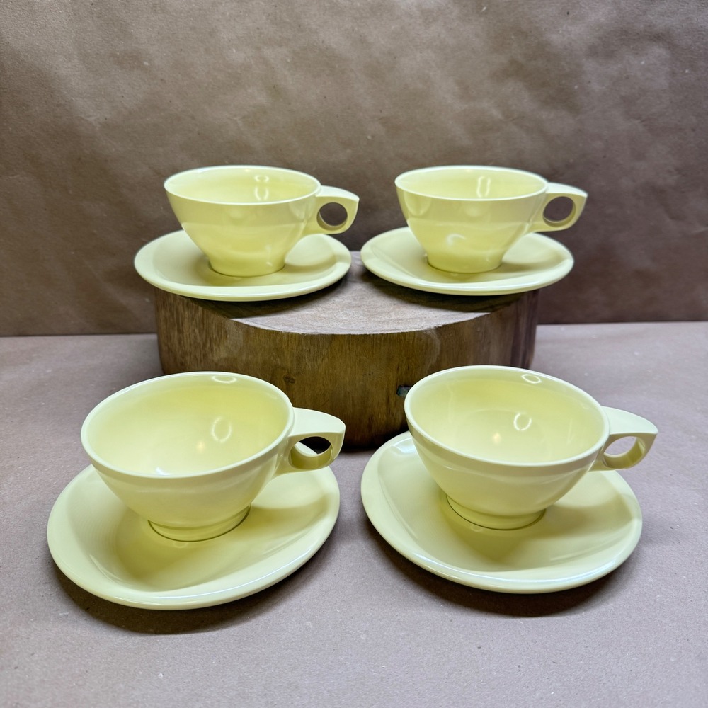 Boontonware Melamine Yellow Cup and Saucer Set of 4 Vintage MCM 1206-8 1202-6